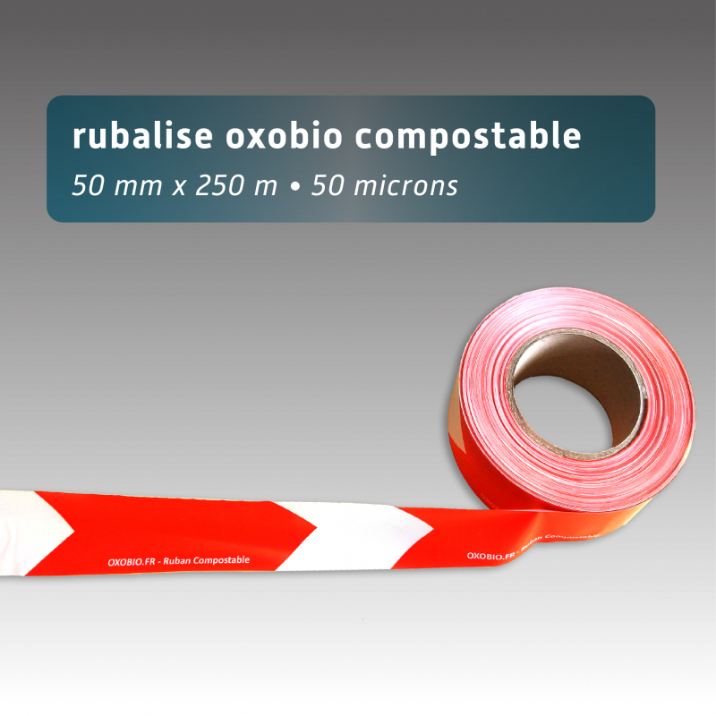 Rubalise plastique 50mm*250m compostable biodégradable rouge/blanche