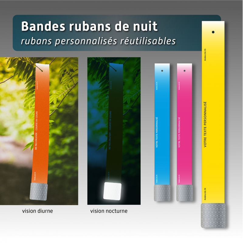 Bande de rubalise spécial NUIT réutilisable - couleur unie - 5*44 cm - 8 couleurs disponibles ( lot de 100)